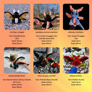 May include: A collage of nine crocheted dragon amigurumi toys. Each dragon is a different colour and has unique features. The dragons are made with different yarns and hooks, and the details are listed below each image.