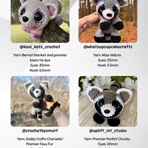 May include: Four crocheted raccoon plush toys in various shades of gray, black, and white, each with large, expressive eyes. The image includes text with the maker's name and yarn details. The eyes range from 20mm to 35mm.