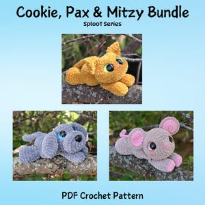 Cookie the Cat, Pax the Puppy, Mitzy the Mouse, bundel met 3 haakpatronen, laag gestikt, Sploot-serie