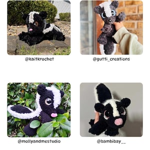 May include: Four crocheted skunk plush toys are shown. Each skunk is black and white with a pink nose. The plushies are in various poses and settings. The image includes the creators' social media handles.