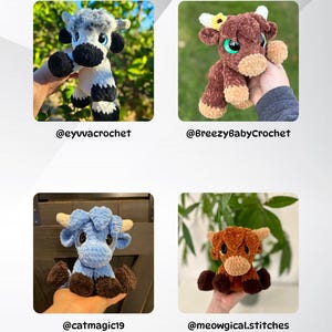 May include: Four crocheted plush Highland cows in various colours: grey and white, brown, blue, and orange. Each cow has horns and is held by a person. The image includes the Instagram handles of the creators: @eyyvacrochet, @BreezyBabyCrochet, @catmagic19, and @meowgical.stitches.