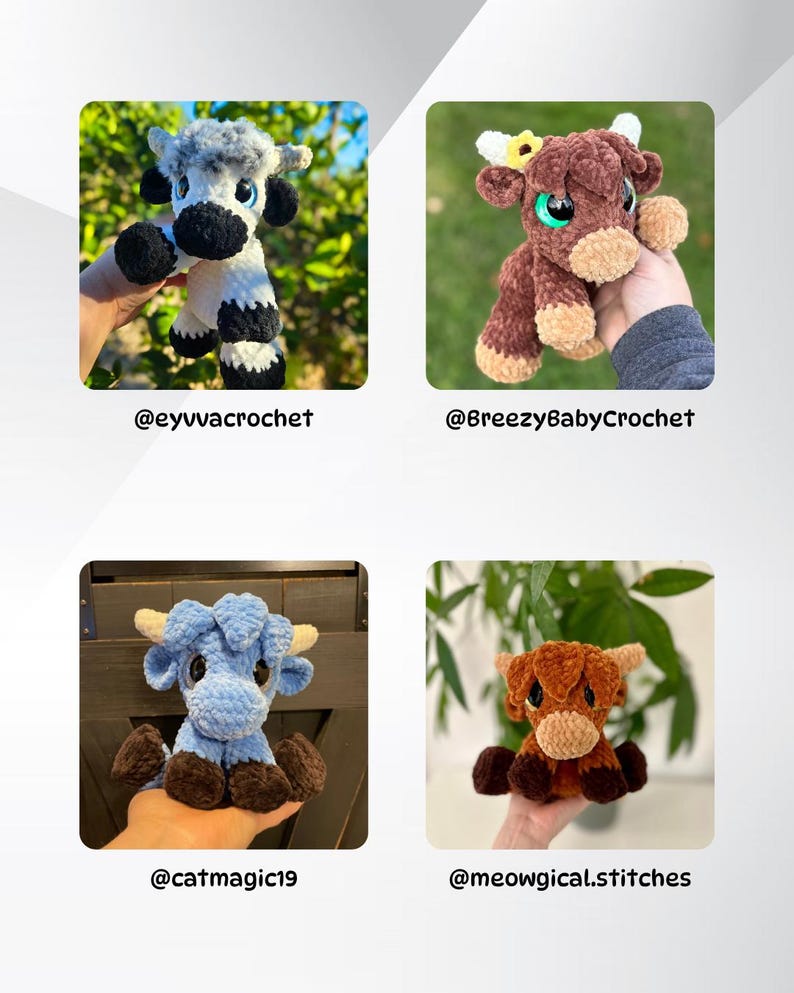 May include: Four crocheted plush Highland cows in various colours: grey and white, brown, blue, and orange. Each cow has horns and is held by a person. The image includes the Instagram handles of the creators: @eyyvacrochet, @BreezyBabyCrochet, @catmagic19, and @meowgical.stitches.