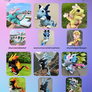 May include: A collage of nine crocheted dragon amigurumi toys in various colours, including blue, yellow, pink, orange, and black. Each dragon has a unique design and is made with different yarn textures. The collage is titled "Tester Appreciation" and includes the Instagram handles of the crocheters who made the dragons.