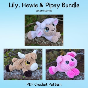 Haakpatroon Lily the Lamb, Hewie the Highland Cow en Pipsy the Pig, bundel met 3 patronen, Sploot-serie