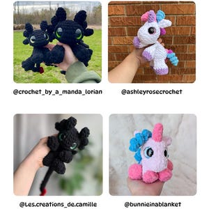 May include: A square image showcasing four crocheted plush toys. Two black dragon-like creatures with green eyes and red accents are shown. A white unicorn with pink, purple, and blue accents is also displayed, along with a pink and blue unicorn.