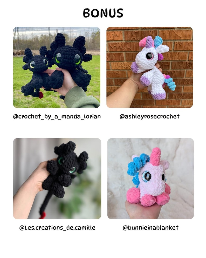 May include: A square image showcasing four crocheted plush toys. Two black dragon-like creatures with green eyes and red accents are shown. A white unicorn with pink, purple, and blue accents is also displayed, along with a pink and blue unicorn.