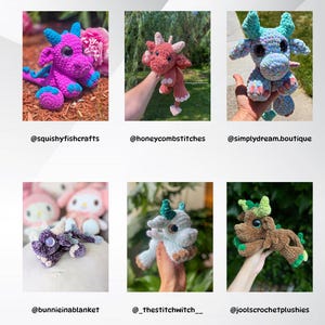 May include: A collection of handmade crochet dragon plushies in various colors, including purple, red, blue, and brown. Each dragon has unique features and is displayed with social media handles.