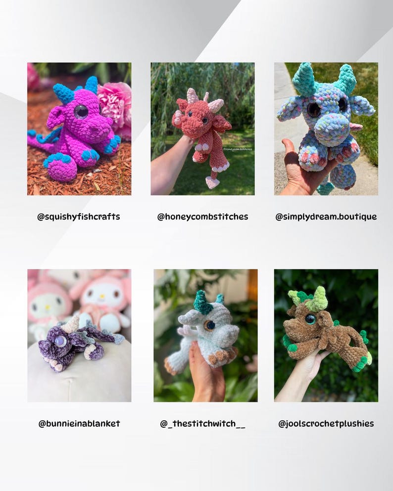 May include: A collection of handmade crochet dragon plushies in various colors, including purple, red, blue, and brown. Each dragon has unique features and is displayed with social media handles.