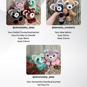 May include: A collection of handmade crochet bear plushies in various colors, including gray, pink, brown, and teal. Each bear has detailed features and is made with different types of yarn. The image includes text with the maker's usernames and yarn details.