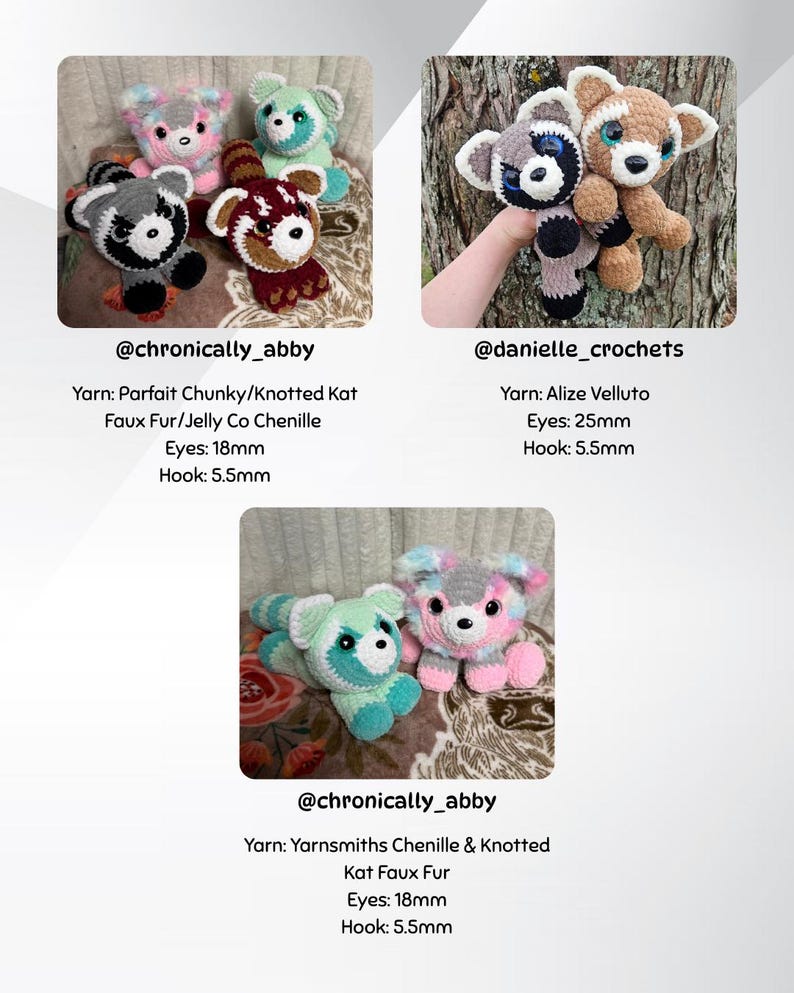 May include: A collection of handmade crochet bear plushies in various colors, including gray, pink, brown, and teal. Each bear has detailed features and is made with different types of yarn. The image includes text with the maker's usernames and yarn details.