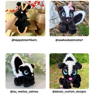 May include: Four crocheted skunk plush toys in different poses. Each skunk is black and white with a fluffy tail. One skunk has a pink bow, and another is held up by a hand. The image includes the Instagram handles @happybrainfibers, @sewhookedcrochet, @les_mailles_calines, and @davies_custom_designs.