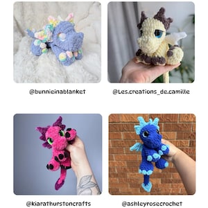 Puede incluir: Cuatro juguetes de drag&oacute;n de ganchillo en varios colores. Uno es azul con detalles de arco&iacute;ris, otro es crema y marr&oacute;n, un tercero es rosa y negro, y el &uacute;ltimo es azul y azul claro. Cada drag&oacute;n tiene ojos grandes y alas peque&ntilde;as.
