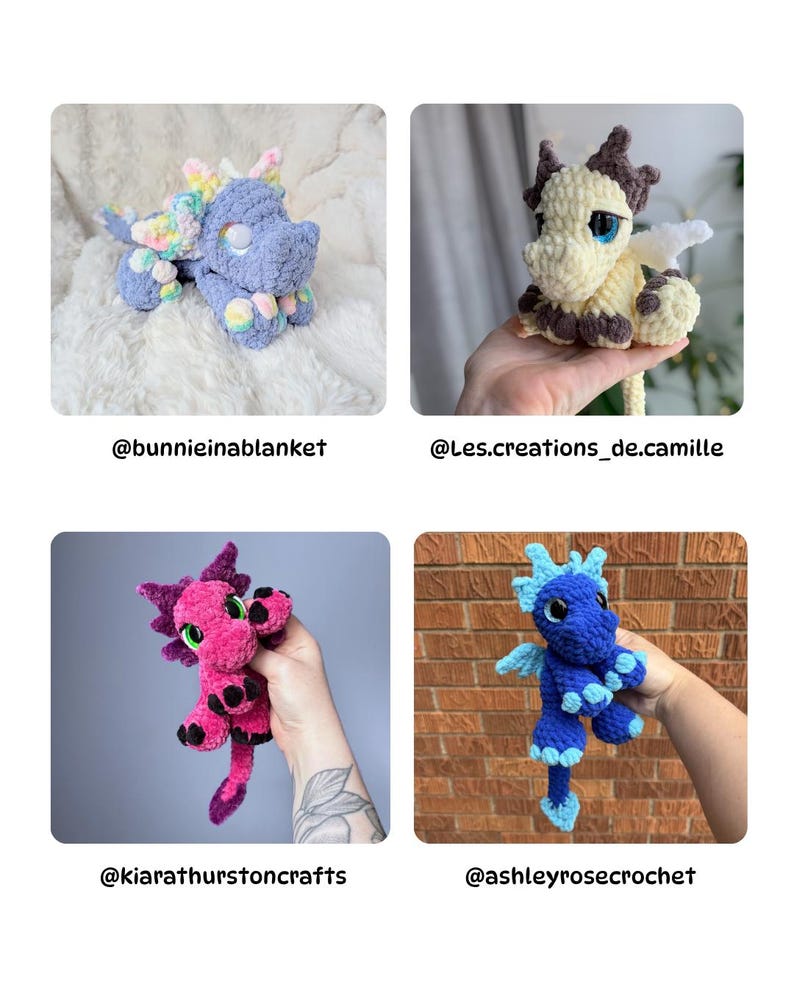 Puede incluir: Cuatro juguetes de drag&oacute;n de ganchillo en varios colores. Uno es azul con detalles de arco&iacute;ris, otro es crema y marr&oacute;n, un tercero es rosa y negro, y el &uacute;ltimo es azul y azul claro. Cada drag&oacute;n tiene ojos grandes y alas peque&ntilde;as.