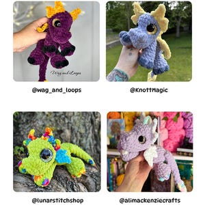 Puede incluir: Cuatro juguetes de drag&oacute;n de ganchillo en varios colores: morado, azul, verde y lavanda. Cada drag&oacute;n tiene ojos grandes y un dise&ntilde;o &uacute;nico, con detalles como cuernos y alas. La imagen incluye los nombres de usuario de los creadores.