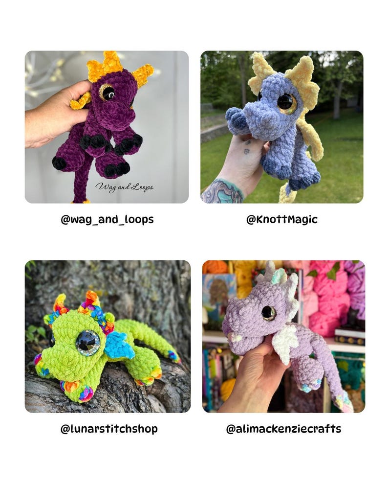 Puede incluir: Cuatro juguetes de drag&oacute;n de ganchillo en varios colores: morado, azul, verde y lavanda. Cada drag&oacute;n tiene ojos grandes y un dise&ntilde;o &uacute;nico, con detalles como cuernos y alas. La imagen incluye los nombres de usuario de los creadores.