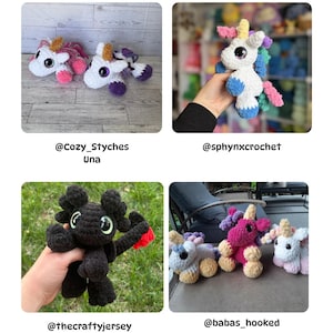 May include: A selection of colourful crochet plush toys, including unicorns and a dragon. The unicorns are white, pink, and purple, with various horn and mane colours. The dragon is black with red accents. The word "BONUS" is at the top.