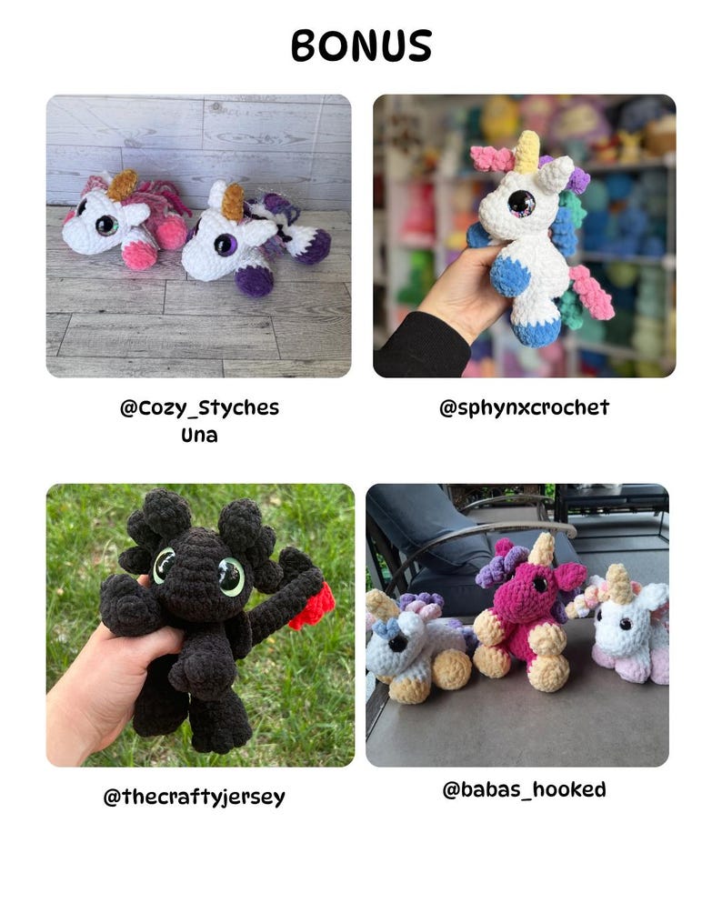 May include: A selection of colourful crochet plush toys, including unicorns and a dragon. The unicorns are white, pink, and purple, with various horn and mane colours. The dragon is black with red accents. The word "BONUS" is at the top.