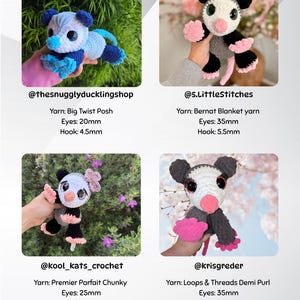 Pu&ograve; includere: Una collezione di opossum e un orso fatti a mano all'uncinetto in vari colori. Ogni peluche ha grandi occhi ed &egrave; realizzato con diversi tipi di filato. L'immagine include il nome utente del creatore e i dettagli del filato.