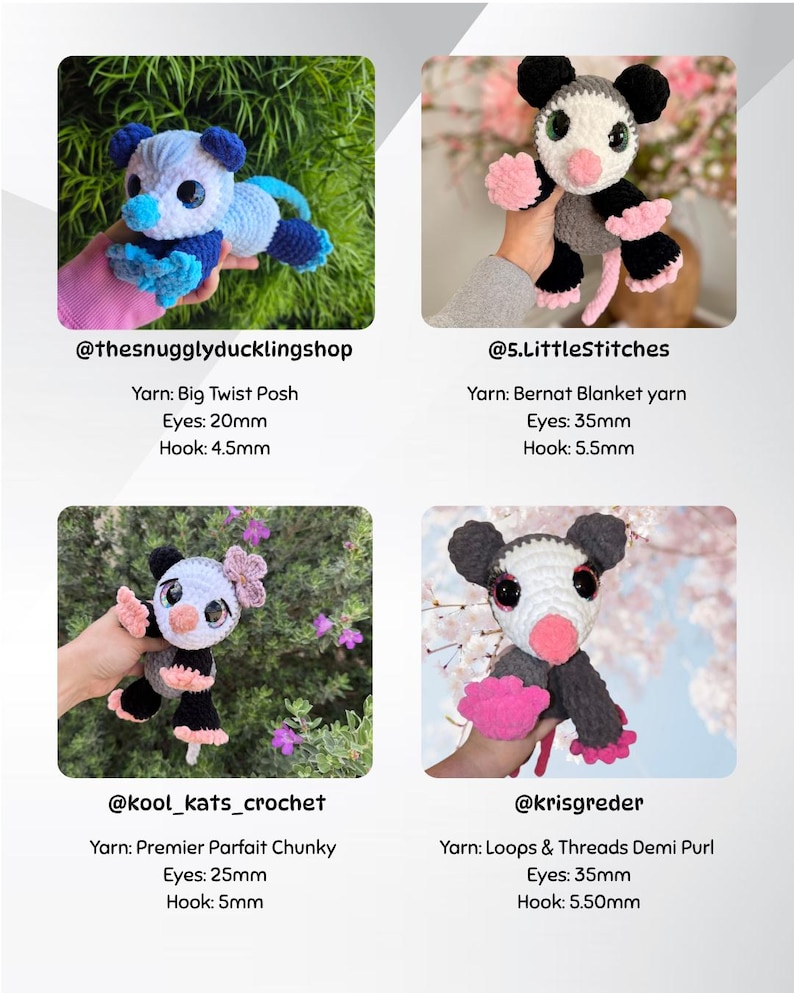 Pu&ograve; includere: Una collezione di opossum e un orso fatti a mano all'uncinetto in vari colori. Ogni peluche ha grandi occhi ed &egrave; realizzato con diversi tipi di filato. L'immagine include il nome utente del creatore e i dettagli del filato.