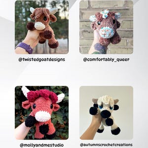 May include: Four crocheted bull plushies in various colours, including brown, red, and cream, each held up. The plushies have horns and are in different poses. The image includes the Etsy shop names: @twistedgoatdesigns, @comfortably_queer, @mollyandmestudio, and @autumnscrochetcreations.
