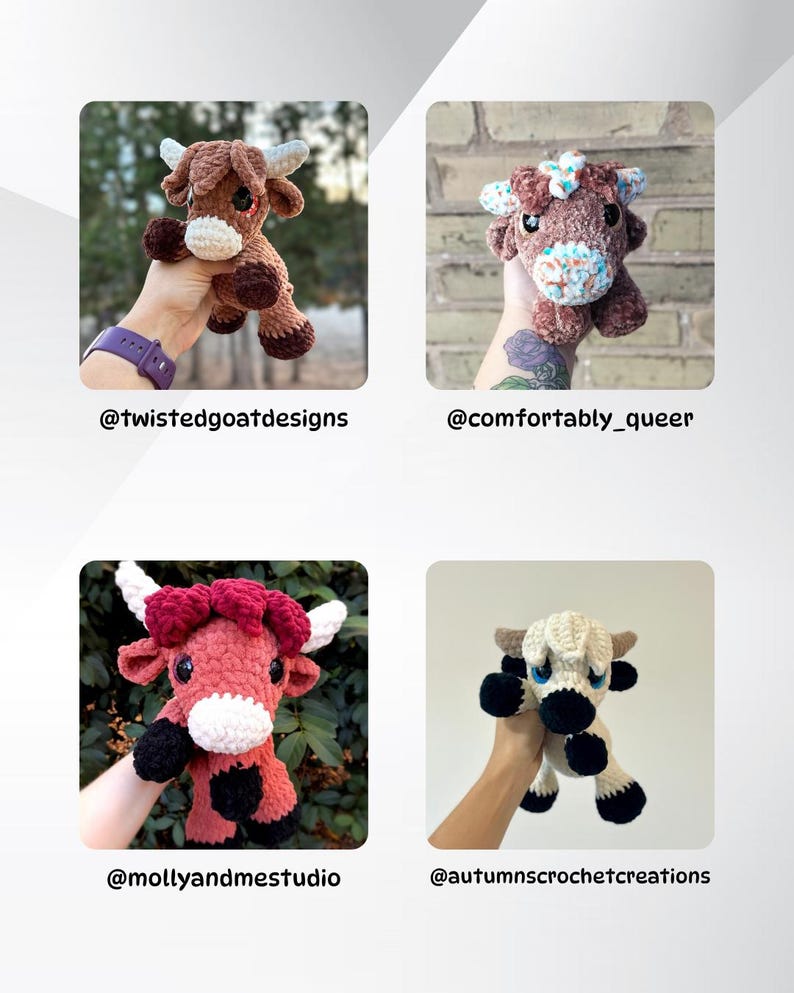 May include: Four crocheted bull plushies in various colours, including brown, red, and cream, each held up. The plushies have horns and are in different poses. The image includes the Etsy shop names: @twistedgoatdesigns, @comfortably_queer, @mollyandmestudio, and @autumnscrochetcreations.