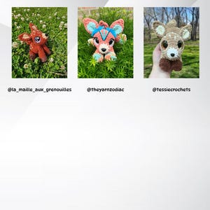 May include: Three crocheted animal figures are shown. The first is a reddish-brown creature with large eyes, the second is a pink and blue deer-like figure, and the third is a brown and white deer with large eyes. Each figure is unique.