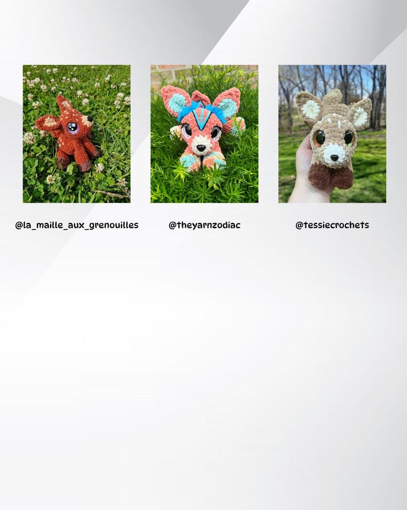 May include: Three crocheted animal figures are shown. The first is a reddish-brown creature with large eyes, the second is a pink and blue deer-like figure, and the third is a brown and white deer with large eyes. Each figure is unique.