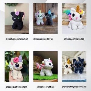 May include: Six crocheted stuffed animals, including a black cat unicorn, a white cat unicorn, a white unicorn with rainbow wings, a white unicorn with pink wings, a white cat with a gold horn, and a black cat with a gold horn.