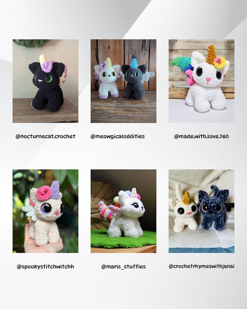 May include: Six crocheted stuffed animals, including a black cat unicorn, a white cat unicorn, a white unicorn with rainbow wings, a white unicorn with pink wings, a white cat with a gold horn, and a black cat with a gold horn.
