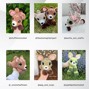 May include: A selection of crocheted deer toys, each with unique features. The deer are in shades of brown, beige, and green, with some decorated with flowers. They have large eyes and soft ears. The image includes the social media handles of the creators.