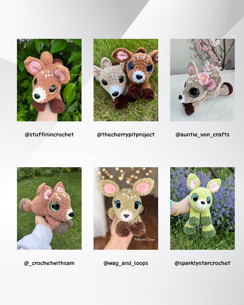 May include: A selection of crocheted deer toys, each with unique features. The deer are in shades of brown, beige, and green, with some decorated with flowers. They have large eyes and soft ears. The image includes the social media handles of the creators.