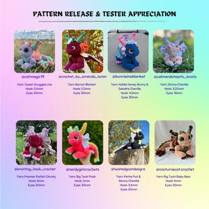 May include: A collage of nine crocheted dragon amigurumi toys in various colors, including pink, blue, red, and black. Each dragon is sitting on a different background, such as a wooden surface or a patch of grass. The image includes the names of the creators and details about the yarn and hook size used for each dragon.