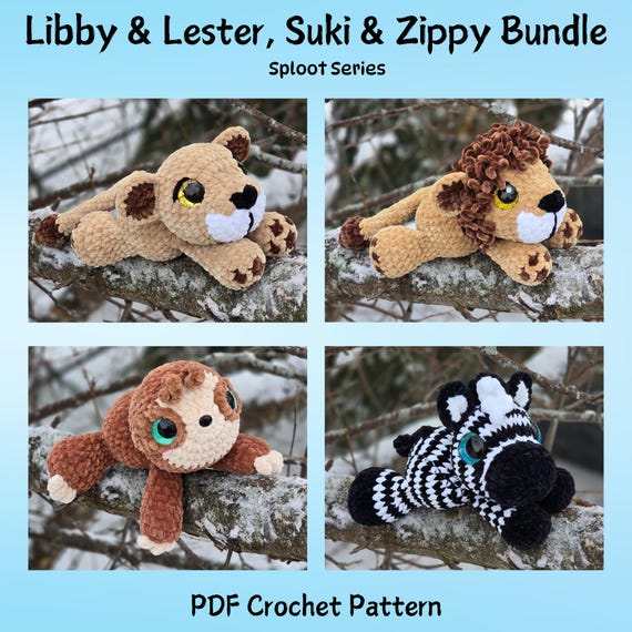 Libby & Lester the Lion, Suki the Sloth, Zippy the Zebra Crochet Pattern Bundle