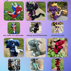 May include: A collection of nine crocheted dragon plushies in various colours, including red, blue, green, purple, and black. Each dragon has a unique design and features a long tail and wings.