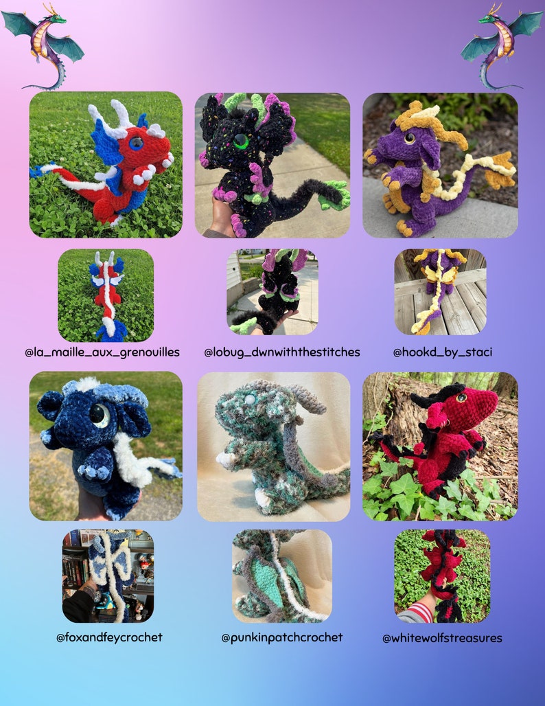 May include: A collection of nine crocheted dragon plushies in various colours, including red, blue, green, purple, and black. Each dragon has a unique design and features a long tail and wings.
