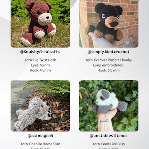 May include: Four crocheted teddy bears in various colors and styles are displayed. Each bear is handmade, with details like embroidered eyes and different yarn textures. The image includes the maker's social media handle and yarn details.