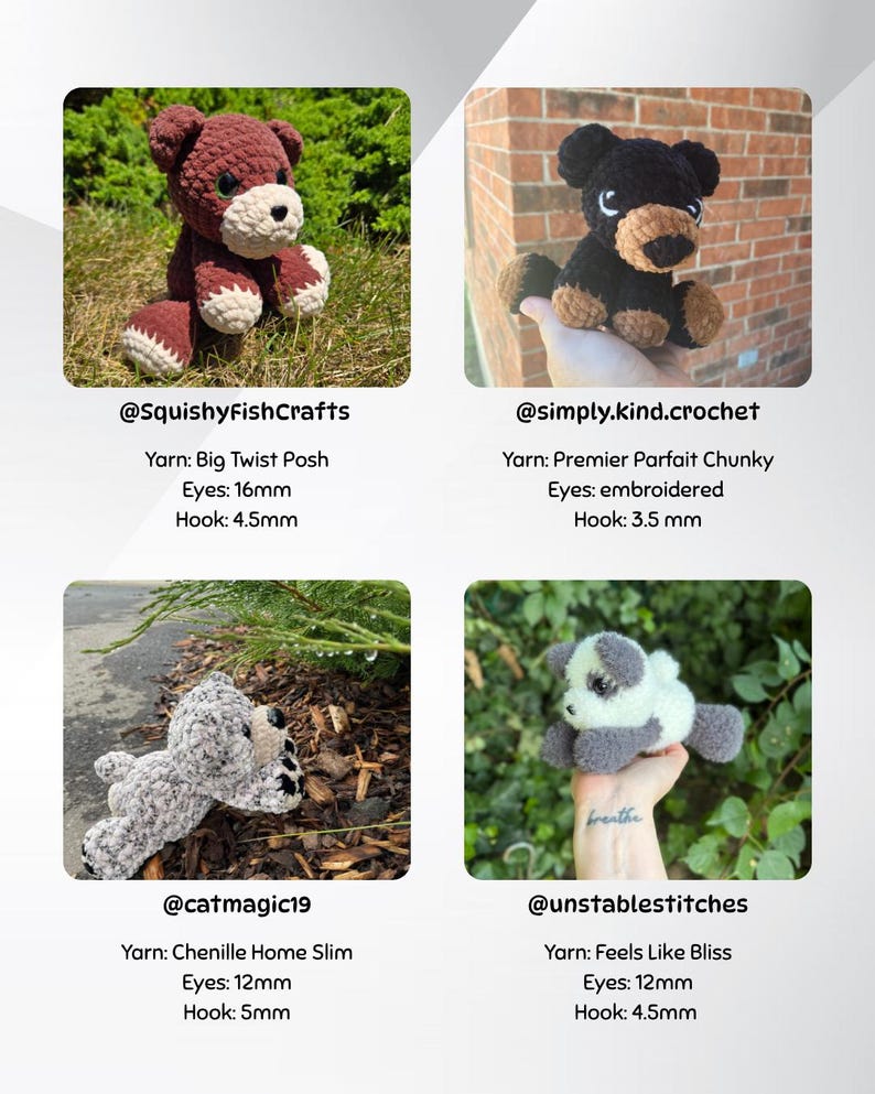 May include: Four crocheted teddy bears in various colors and styles are displayed. Each bear is handmade, with details like embroidered eyes and different yarn textures. The image includes the maker's social media handle and yarn details.
