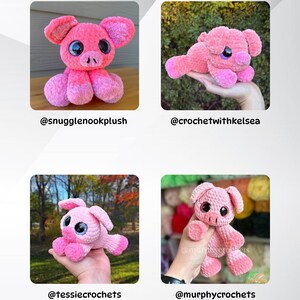 Puede incluir: Cuatro im&aacute;genes de cerdos de peluche rosas hechos a mano con ganchillo. Cada cerdo tiene ojos negros grandes y un hocico peque&ntilde;o. Los peluches est&aacute;n en diferentes poses, algunos de pie y otros tumbados. Las im&aacute;genes incluyen los identificadores de Instagram de los creadores.