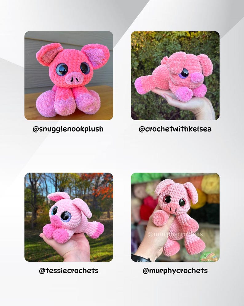Puede incluir: Cuatro im&aacute;genes de cerdos de peluche rosas hechos a mano con ganchillo. Cada cerdo tiene ojos negros grandes y un hocico peque&ntilde;o. Los peluches est&aacute;n en diferentes poses, algunos de pie y otros tumbados. Las im&aacute;genes incluyen los identificadores de Instagram de los creadores.