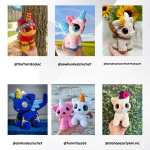 May include: Six crocheted unicorn plushies in various colors and styles. The unicorns are all standing on their hind legs with their horns and wings visible. The plushies are held in the hands of different people.