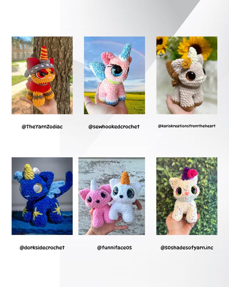 May include: Six crocheted unicorn plushies in various colors and styles. The unicorns are all standing on their hind legs with their horns and wings visible. The plushies are held in the hands of different people.