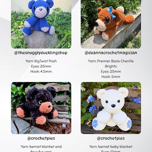 May include: Four crocheted teddy bears in various colors are displayed. The bears are blue, brown, black, and white. Each bear has different yarn, eye, and hook sizes. The bears are sitting on a rock, a wall, and a wooden bench. The image includes shop usernames.