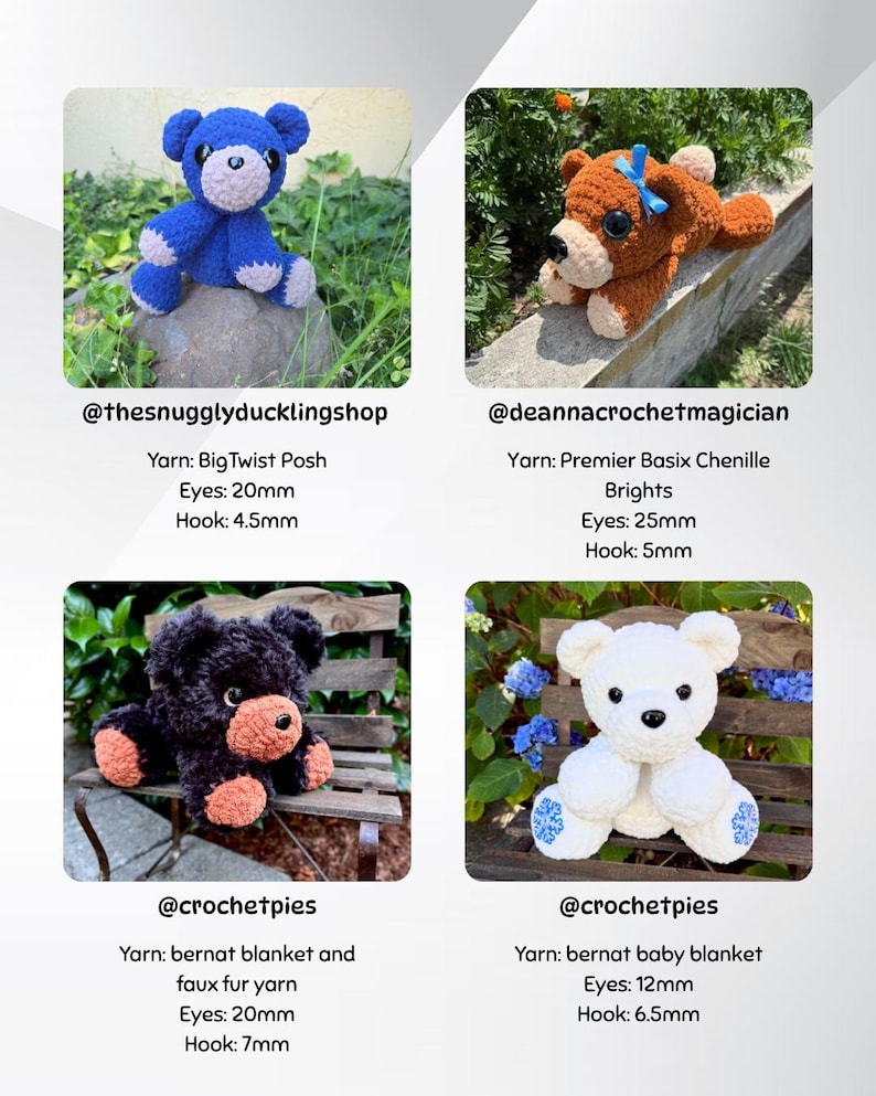 May include: Four crocheted teddy bears in various colors are displayed. The bears are blue, brown, black, and white. Each bear has different yarn, eye, and hook sizes. The bears are sitting on a rock, a wall, and a wooden bench. The image includes shop usernames.