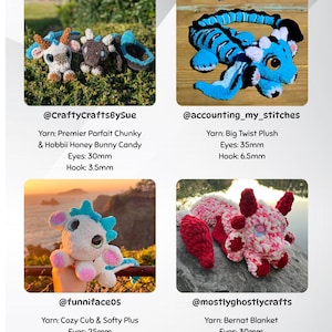 May include: A collection of four handmade crochet plush toys. The toys include a white and blue goat, a blue and black dragon, a white and blue creature, and a red and white creature. Each toy is unique and has different yarn, eye, and hook sizes.