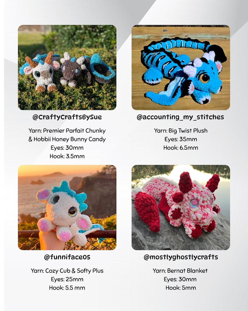 May include: A collection of four handmade crochet plush toys. The toys include a white and blue goat, a blue and black dragon, a white and blue creature, and a red and white creature. Each toy is unique and has different yarn, eye, and hook sizes.