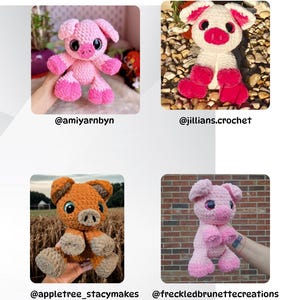 Puede incluir: Cuatro cerdos de peluche de ganchillo en varios colores: rosa, blanco y marr&oacute;n. Cada cerdo tiene ojos grandes y est&aacute; hecho a mano. La imagen incluye los identificadores de Instagram de los creadores: @amiyarnbyn, @jillians.crochet, @appletree_stacymakes y @freckledbrunettecreations.