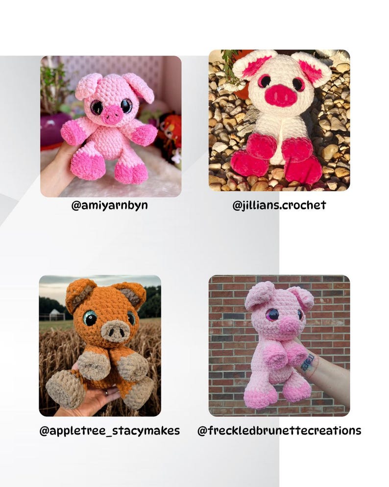 Puede incluir: Cuatro cerdos de peluche de ganchillo en varios colores: rosa, blanco y marr&oacute;n. Cada cerdo tiene ojos grandes y est&aacute; hecho a mano. La imagen incluye los identificadores de Instagram de los creadores: @amiyarnbyn, @jillians.crochet, @appletree_stacymakes y @freckledbrunettecreations.