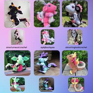 May include: A collection of nine crocheted dragon plushies in various colours and styles. The dragons are all sitting or standing on different surfaces, such as a wooden table, a rock, or a piece of fabric. The dragons are all made with different types of yarn, including fuzzy yarn, cotton yarn, and chenille yarn. The dragons are all very cute and cuddly.