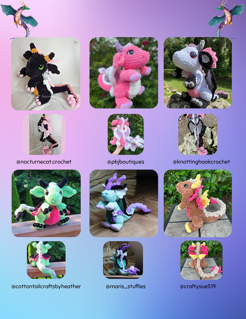 May include: A collection of nine crocheted dragon plushies in various colours and styles. The dragons are all sitting or standing on different surfaces, such as a wooden table, a rock, or a piece of fabric. The dragons are all made with different types of yarn, including fuzzy yarn, cotton yarn, and chenille yarn. The dragons are all very cute and cuddly.