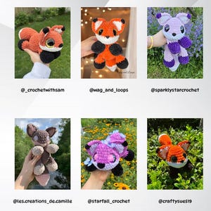 Puede incluir: Colecci&oacute;n de seis peluches de zorro de ganchillo en varios colores, incluyendo naranja, morado y marr&oacute;n. Cada peluche tiene detalles en negro y ojos grandes y expresivos. La imagen muestra art&iacute;culos de artesan&iacute;a hechos a mano.